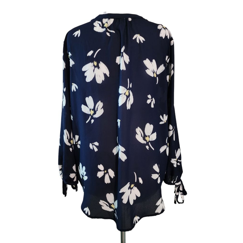 Liz Claiborne XL Navy Blue Floral Blouse Long Sleeve Tie Cuffs Button Front Boho - Picture 3 of 13